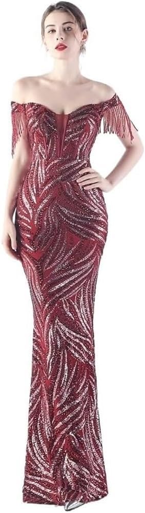 Red Off-Shoulder Fishtail Evening Dress