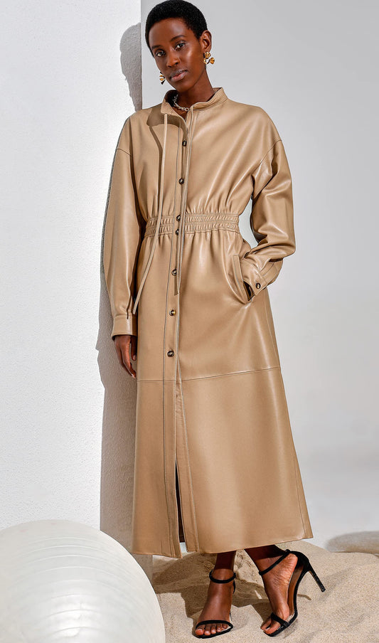 Women’s Genuine Leather Long Trench Coat – Camel